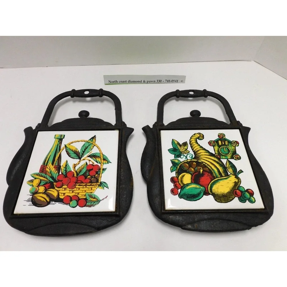 Vtg Decorama Cast Iron Teapot Trivets Set of 2 Ceramic Tile Fruit Harvest DW71